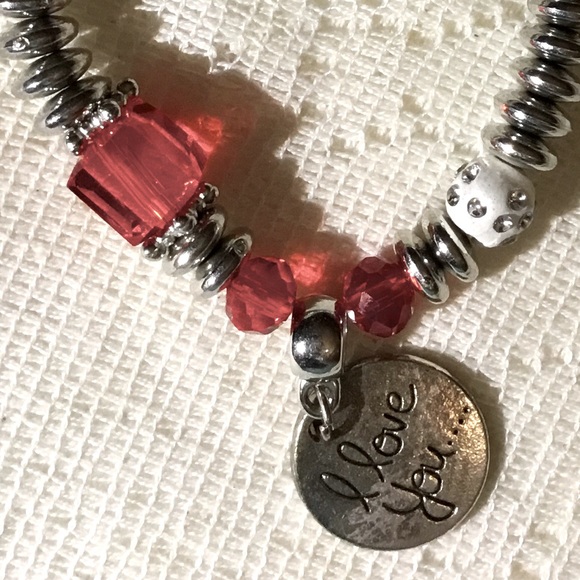 “I Love You” Bracelet with Silver and Red Beads on Elastic Cord - Picture 3 of 4